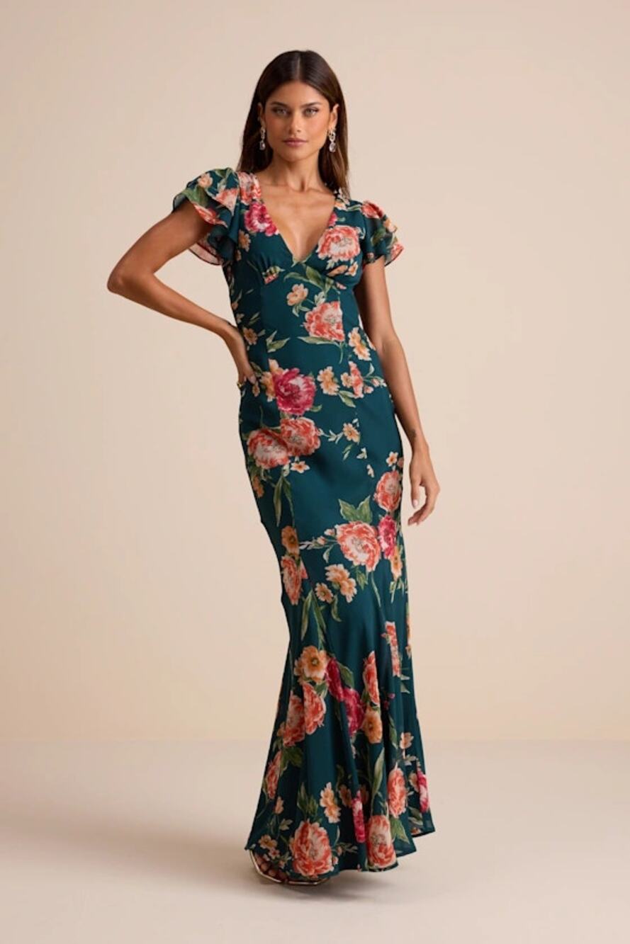 NWOT Lulu's Resme Emerald Floral Flutter Sleeve Mermaid Maxi Dress Size Medium